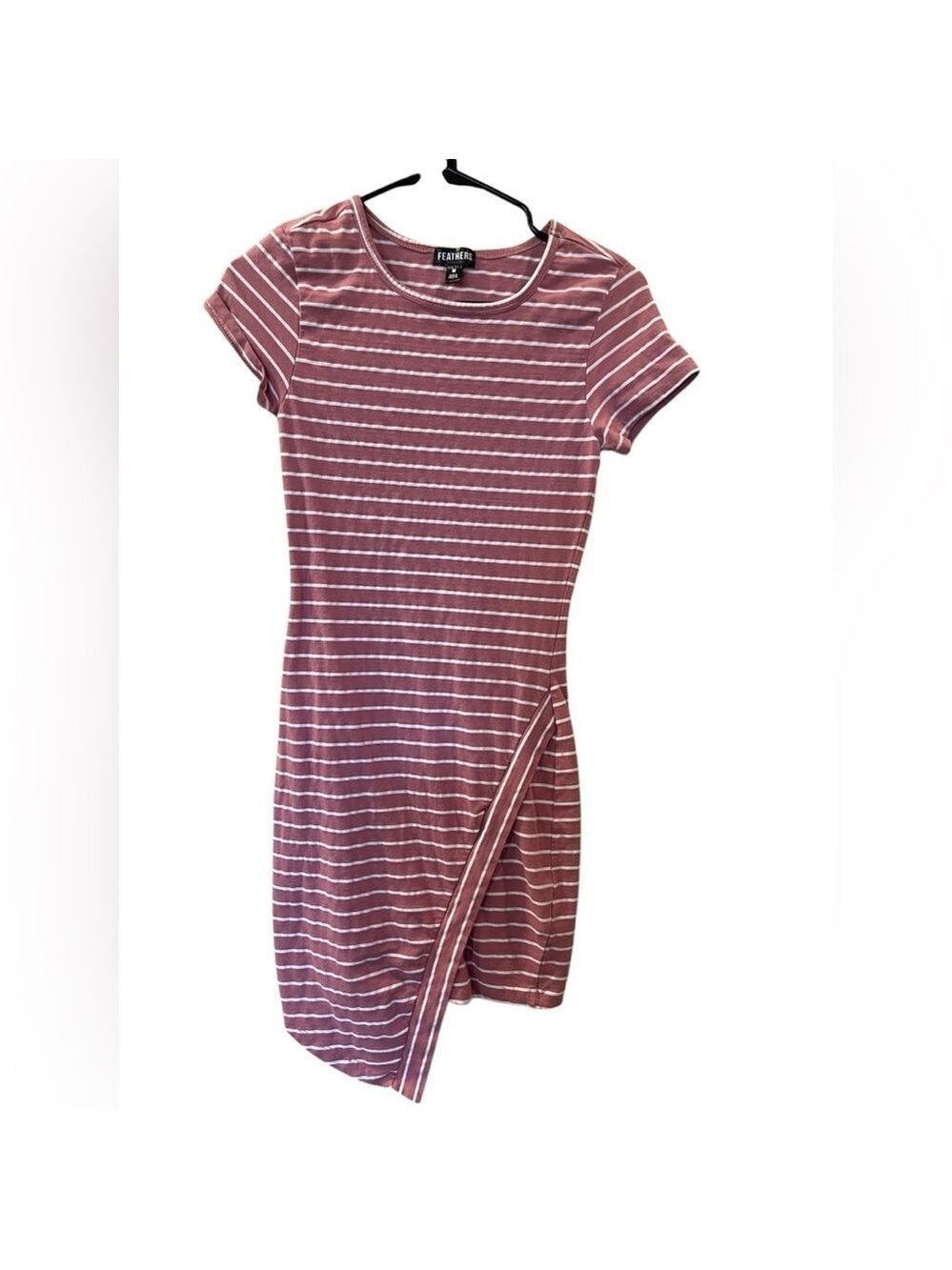 Feathers Women’s Striped Pink White Asymmetrical Fitted Dress Sz Medium